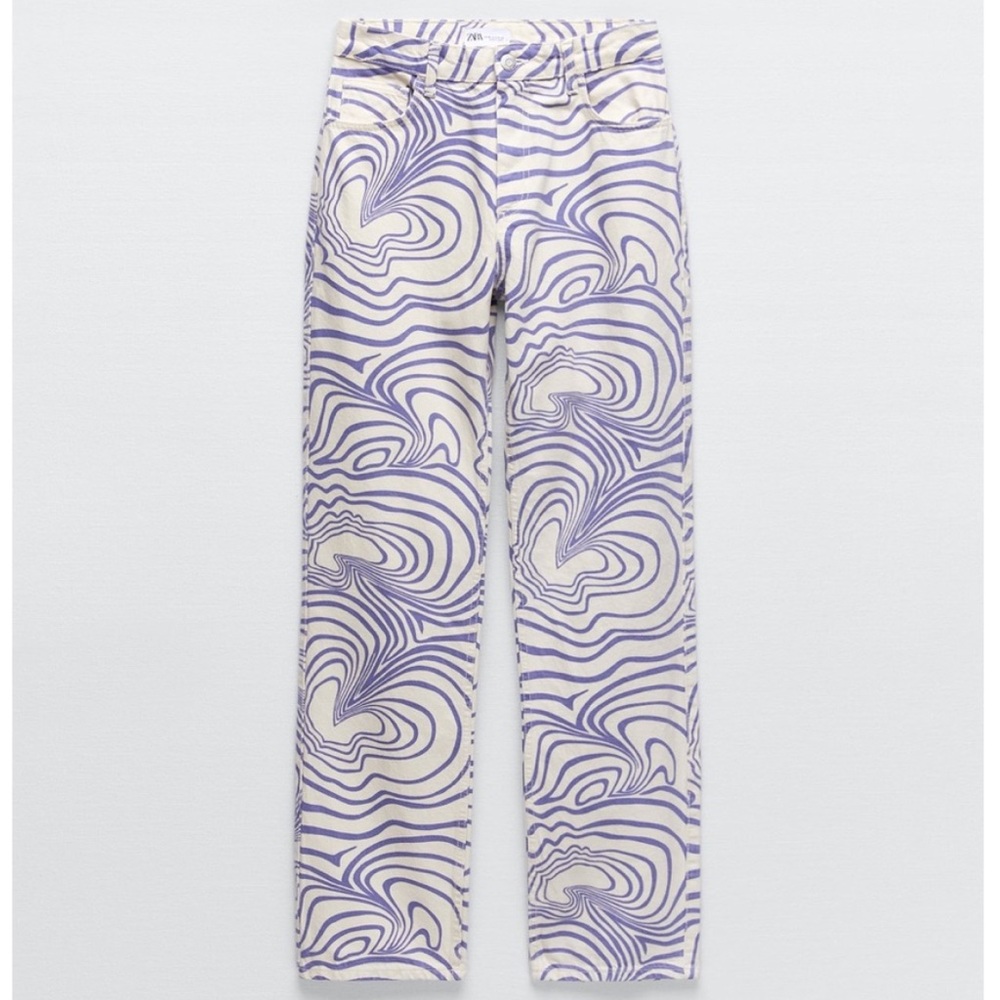 Zara White & Purple Printed Straight Leg Jeans Size 2
